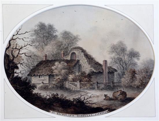 James Lambert Jnr (1741-1799) St Nicholass Hospital, Lewes ovals, 8.75 x 12in.